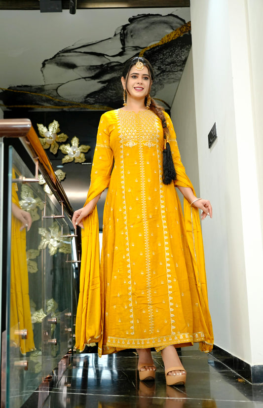 Cotton Blend Elite Kurta Bottonwear with Dupatta Yellow